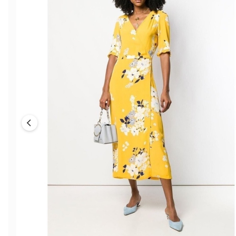 Sea New York Pia Yellow Floral Wrap Midi Dress Short Sleeve Ruffle Size 2